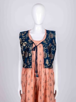 Women's Peach ethnic printed kurta top with blue embroidered long overcoat