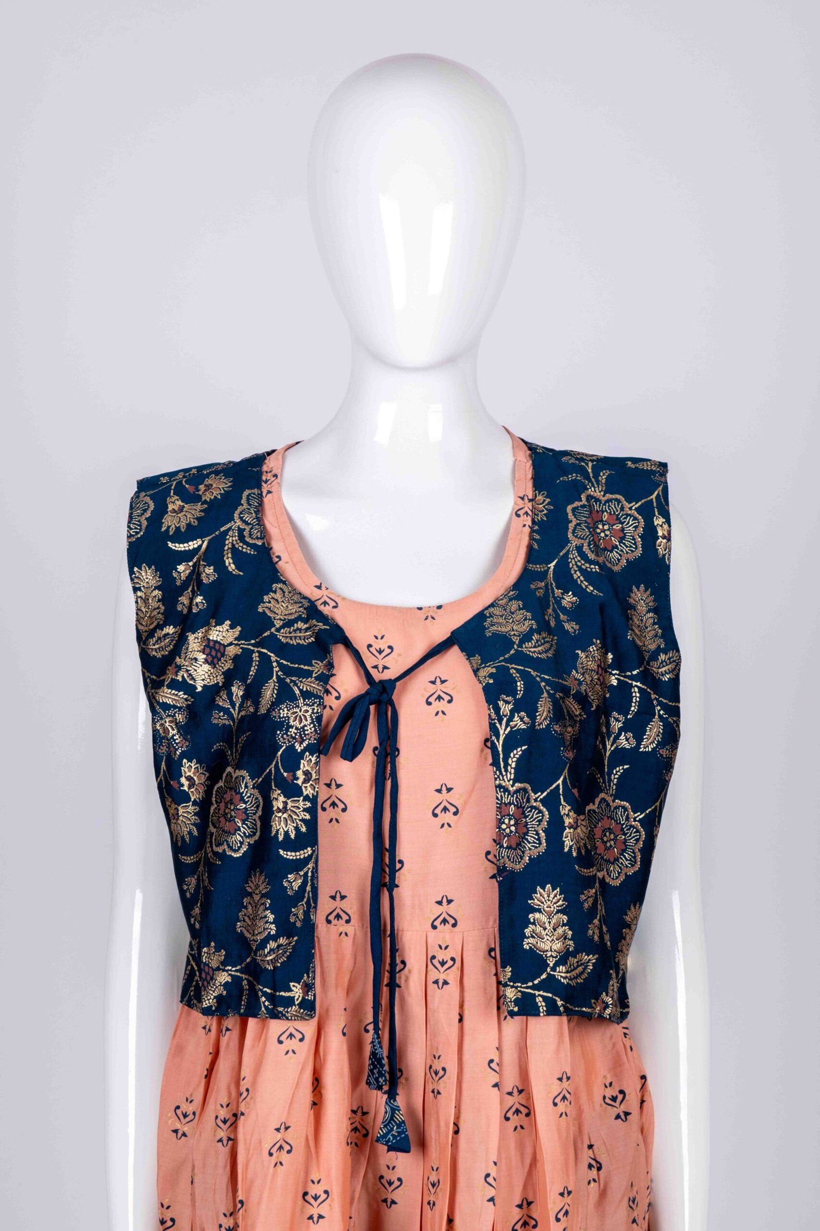 Women's Peach ethnic printed kurta top with blue embroidered long overcoat