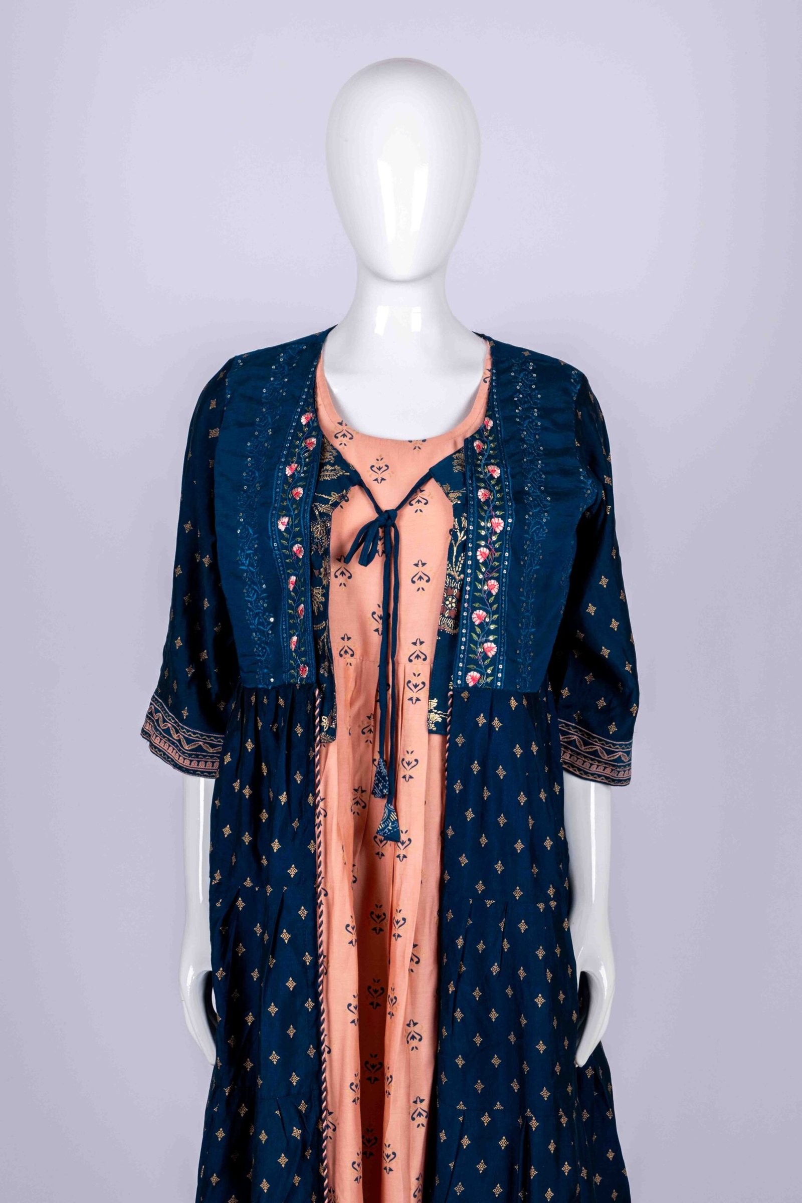 Women's Peach ethnic printed kurta top with blue embroidered long overcoat