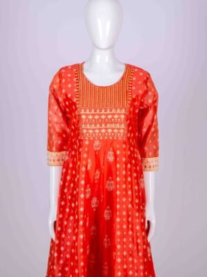 Women's Peach ethnic printed kurta top with floral embroidery