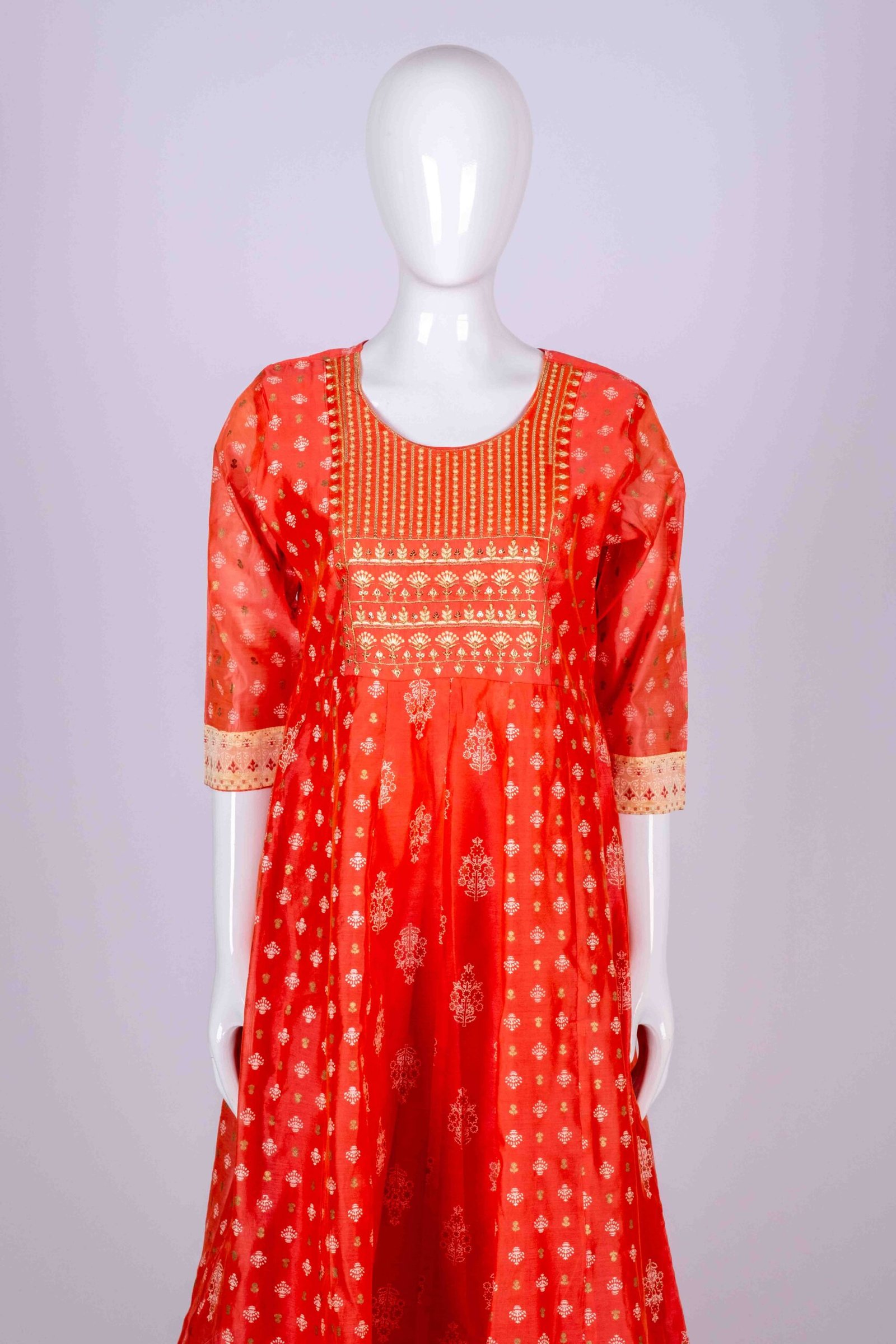 Women's Peach ethnic printed kurta top with floral embroidery