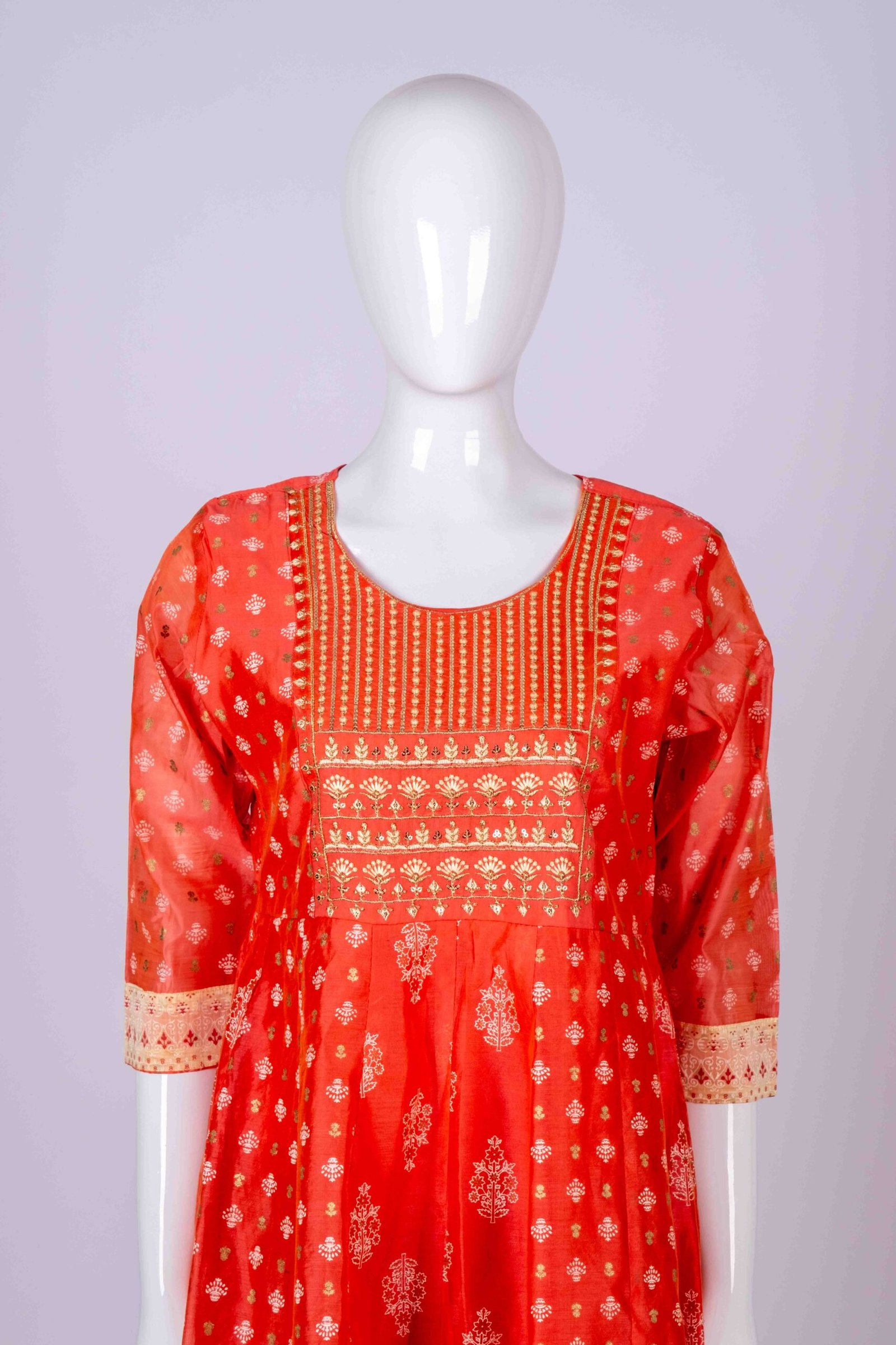 Women's Peach ethnic printed kurta top with floral embroidery