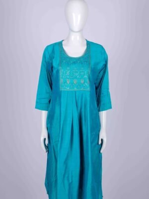 Women's Blue solid kurta top with chamki embroidery