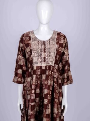 Women's Brick Brown printed kurta top with white floral embroidery