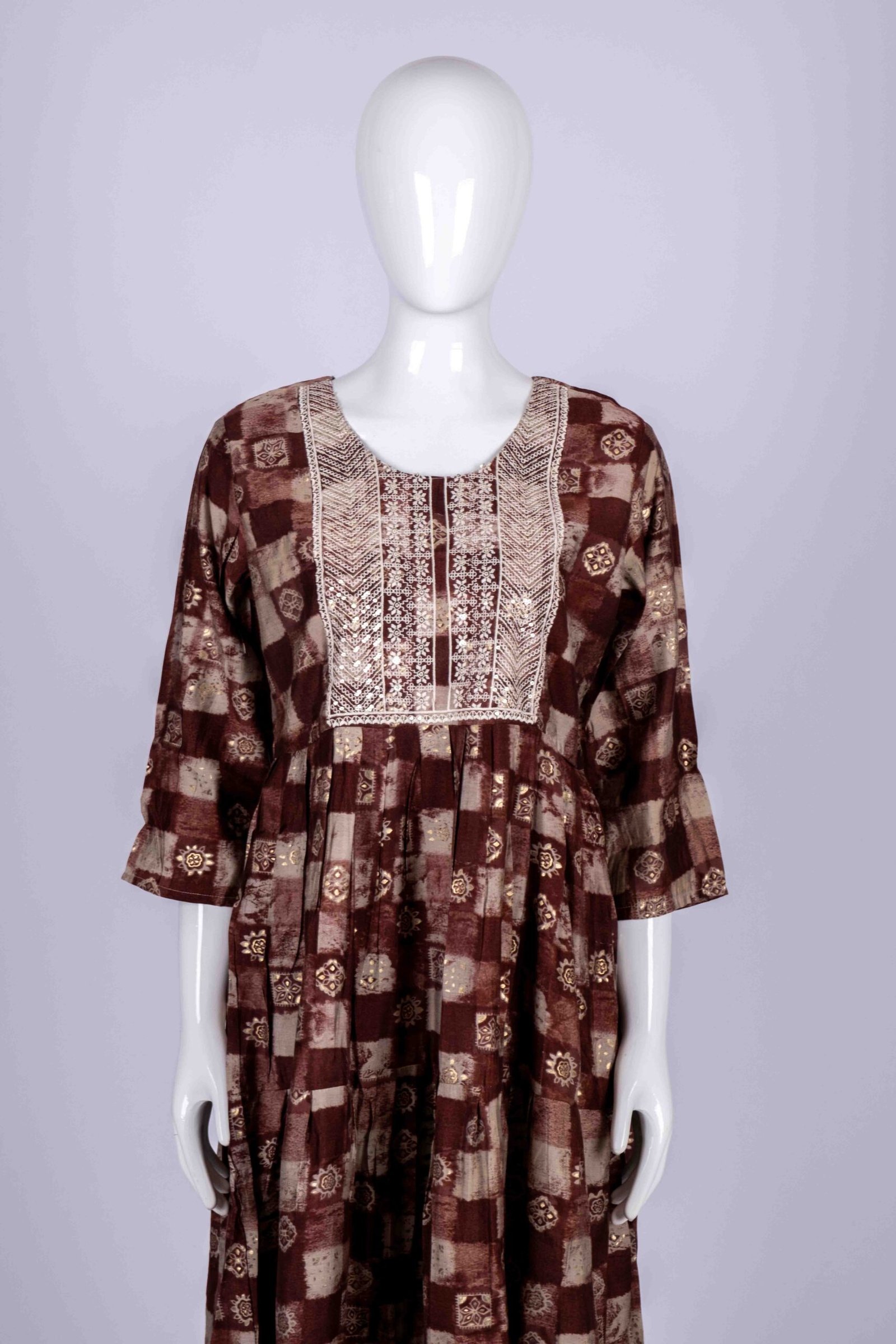 Women's Brick Brown printed kurta top with white floral embroidery