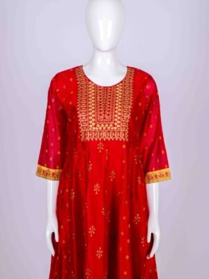 Women's Red ethnic printed kurta top with floral embroidery