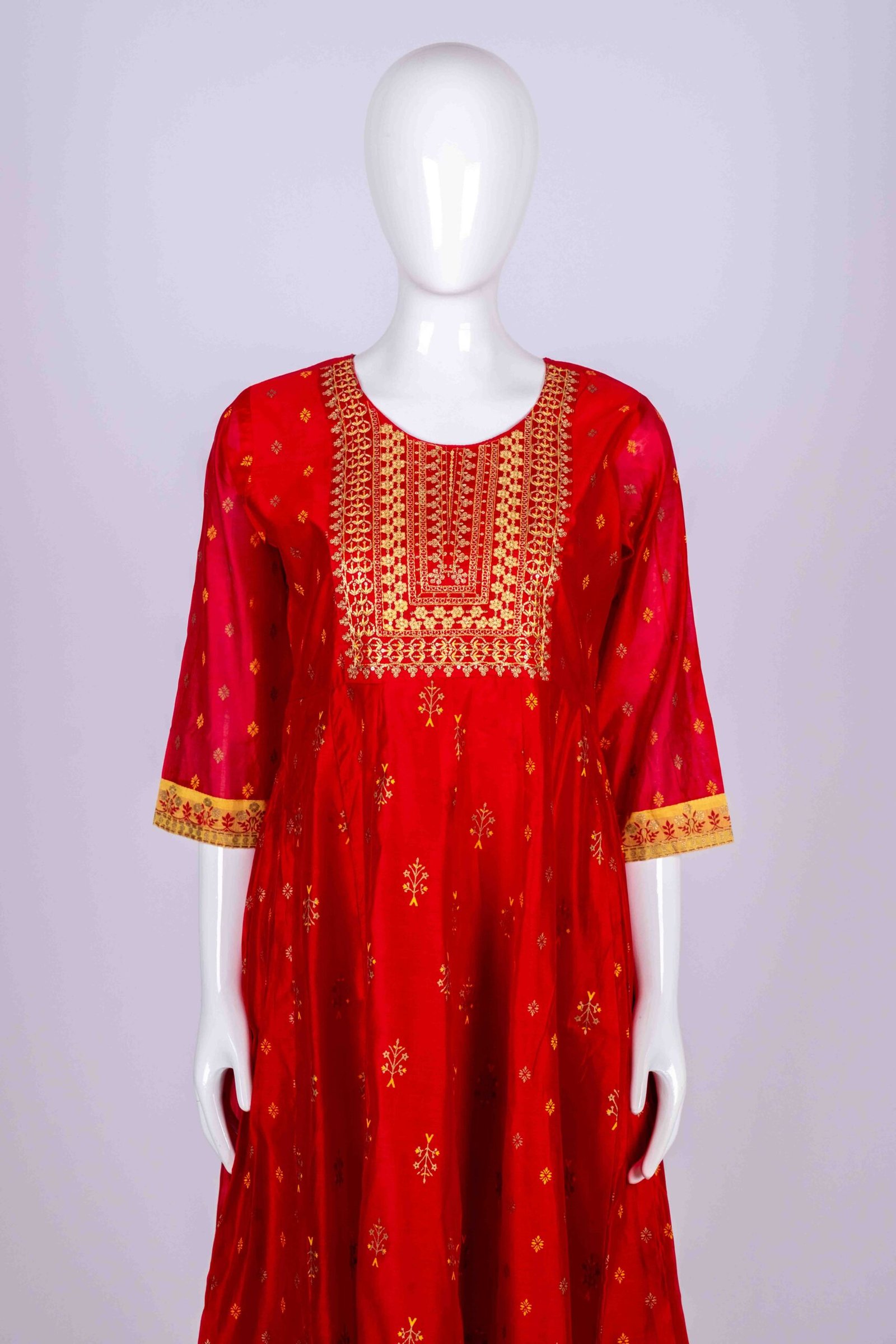 Women's Red ethnic printed kurta top with floral embroidery