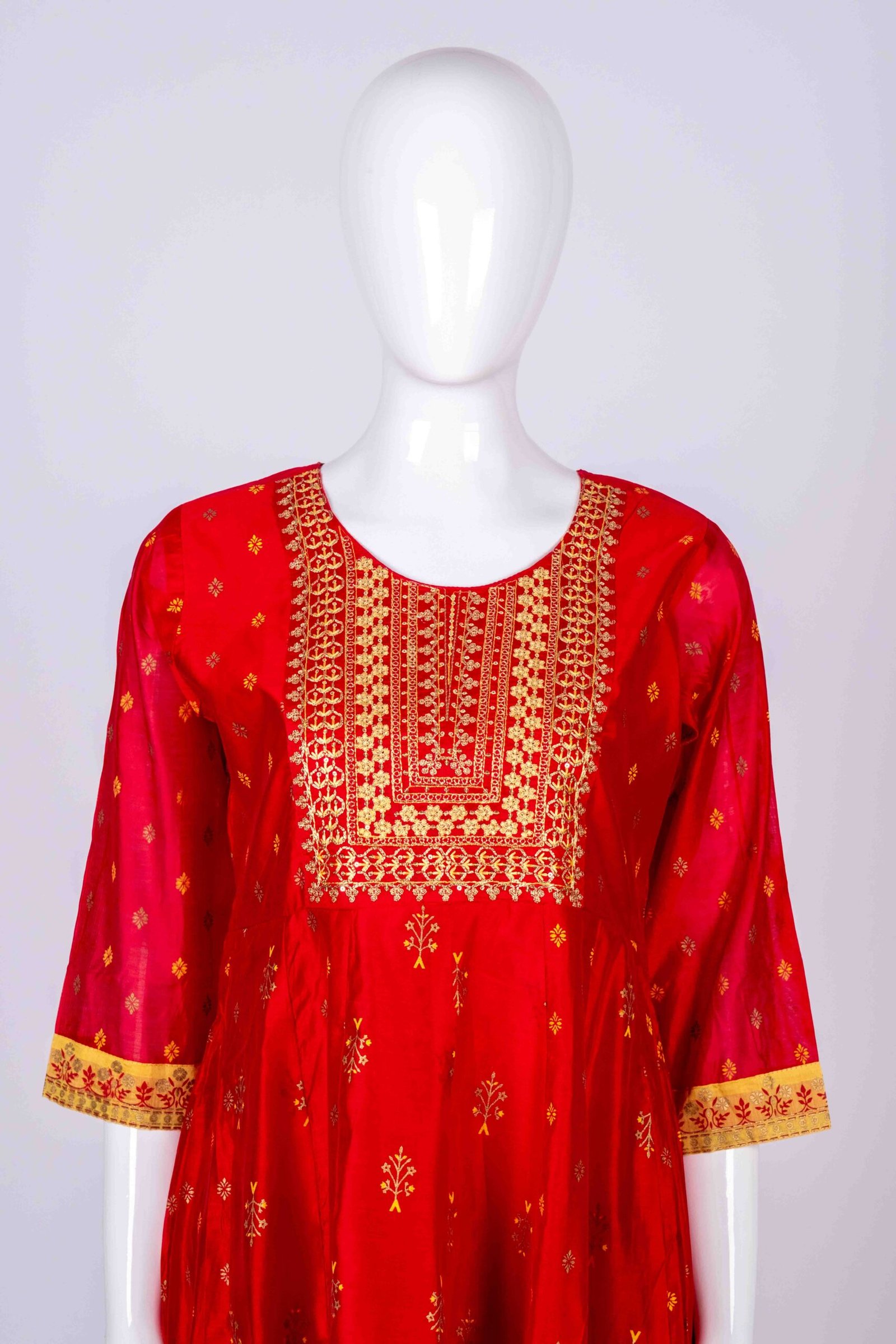 Women's Red ethnic printed kurta top with floral embroidery