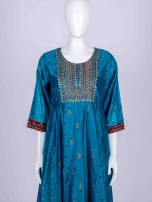 Women's Blue ethnic printed kurta top with floral embroidery