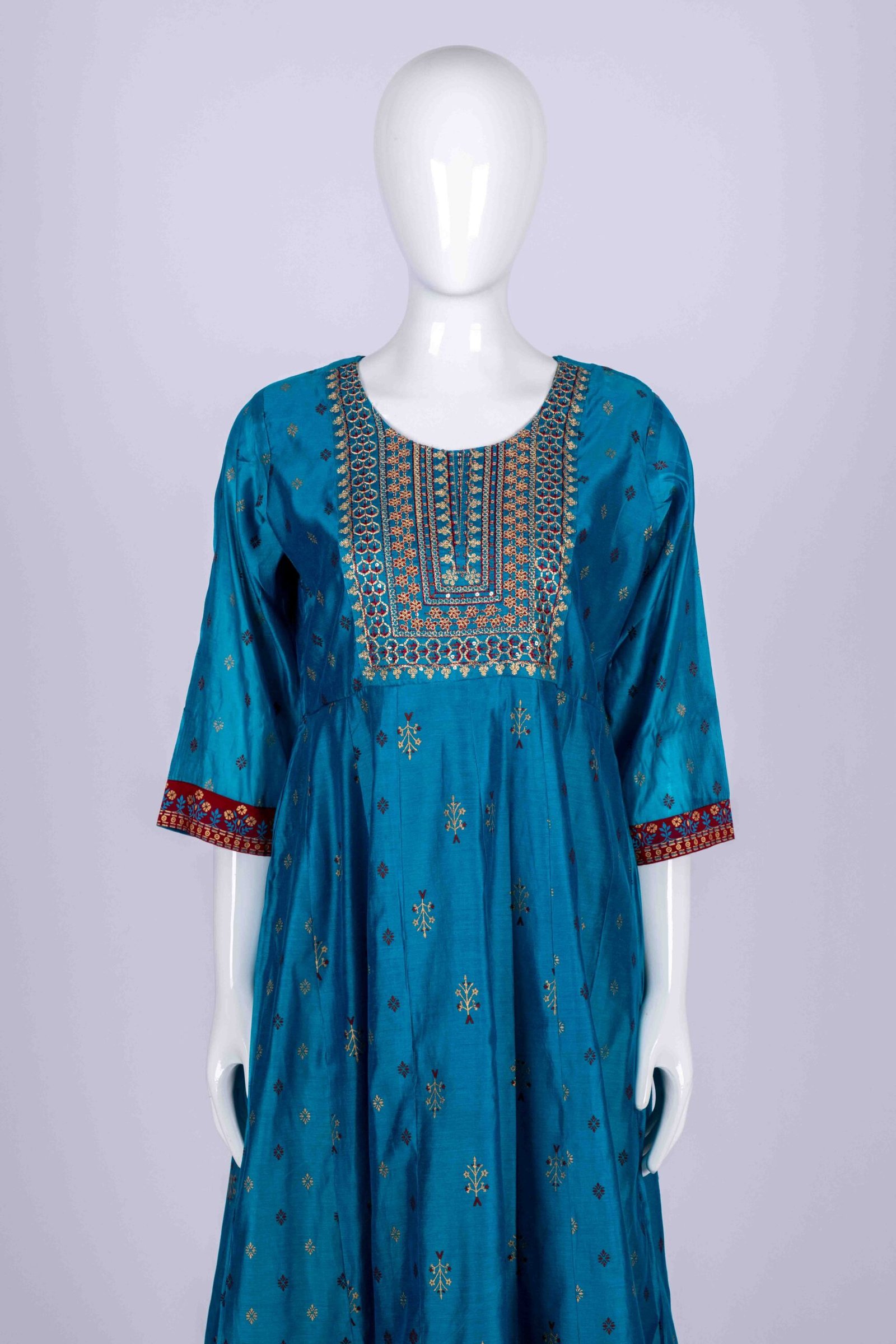 Women's Blue ethnic printed kurta top with floral embroidery