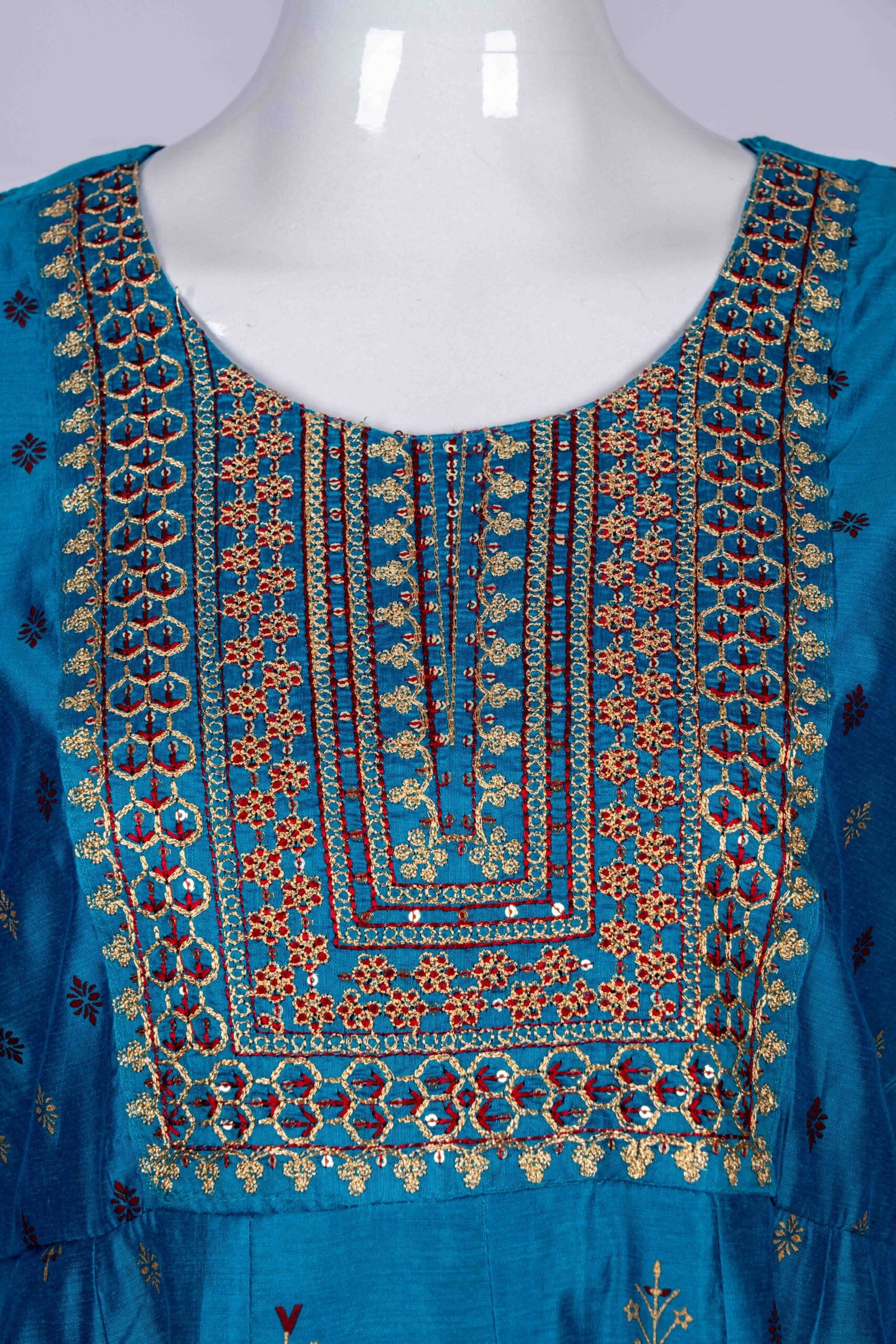 Women's Blue ethnic printed kurta top with floral embroidery