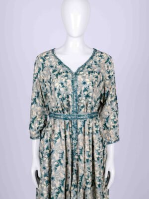 Women's Blue Green leaf printed chamki embroidery kurta top with belt