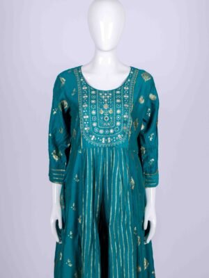 Women's Blue ethnic printed kurta top with mirror embroidery