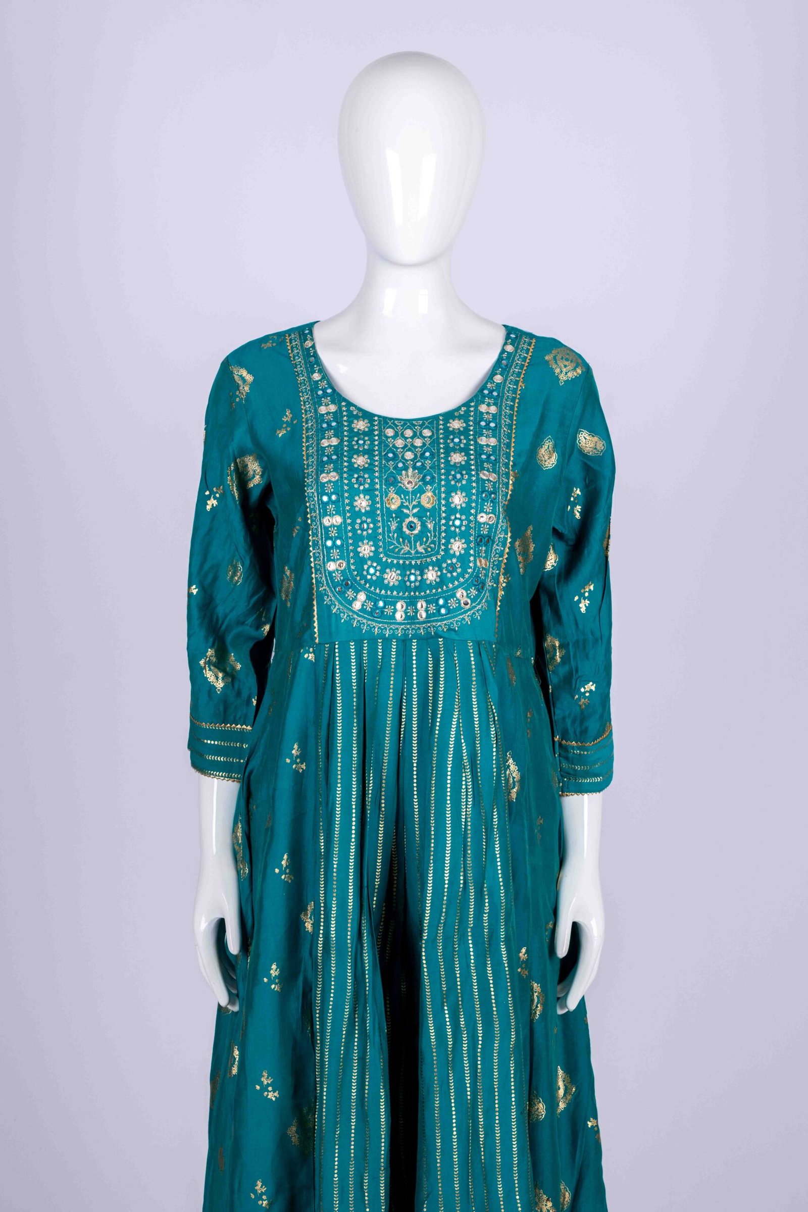 Women's Blue ethnic printed kurta top with mirror embroidery