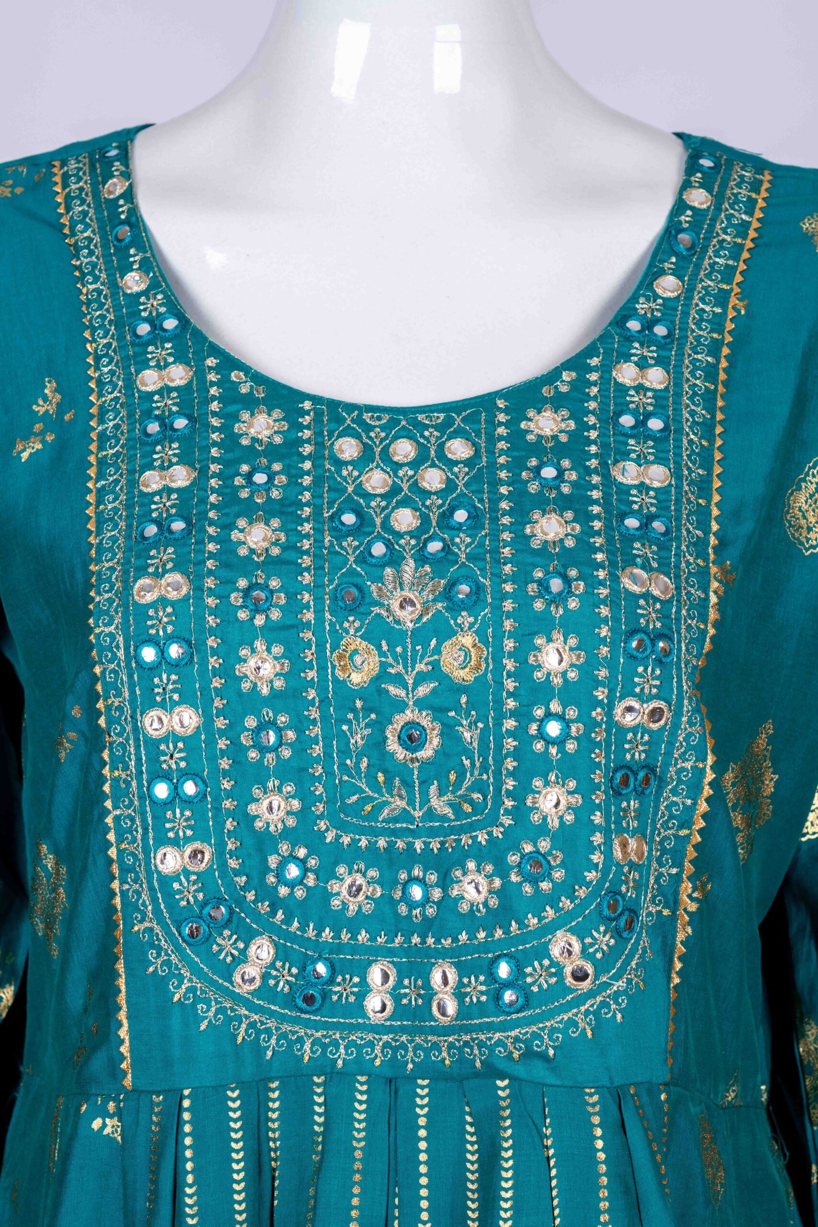 Women's Blue ethnic printed kurta top with mirror embroidery