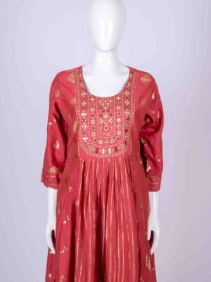 Women's Pink ethnic printed kurta top with mirror embroidery