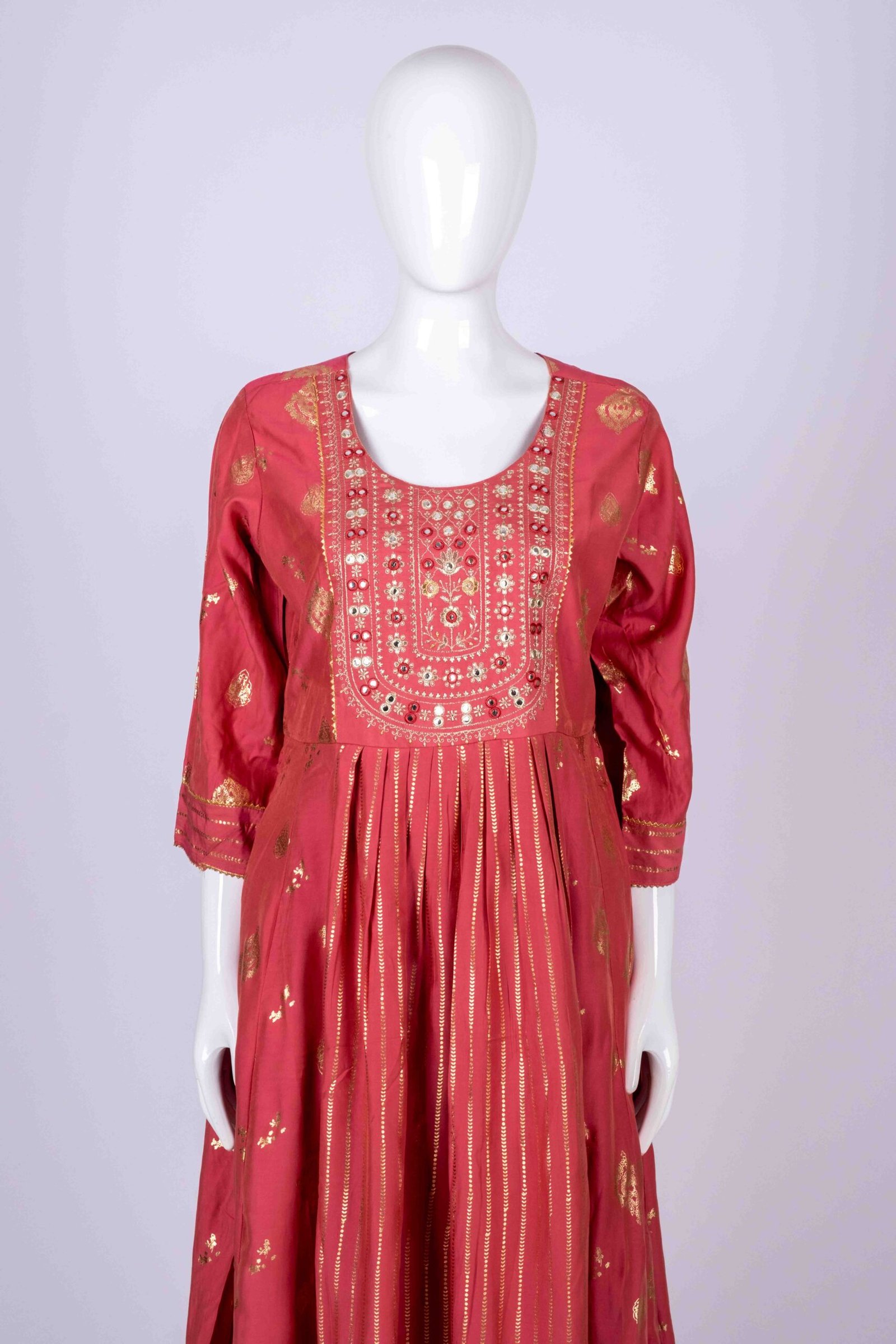 Women's Pink ethnic printed kurta top with mirror embroidery