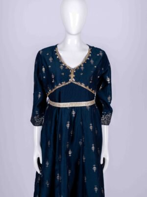 Women's Navy Blue ethnic printed kurta top with bead work