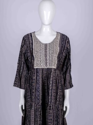 Women's Navy Blue printed kurta top with white floral embroidery