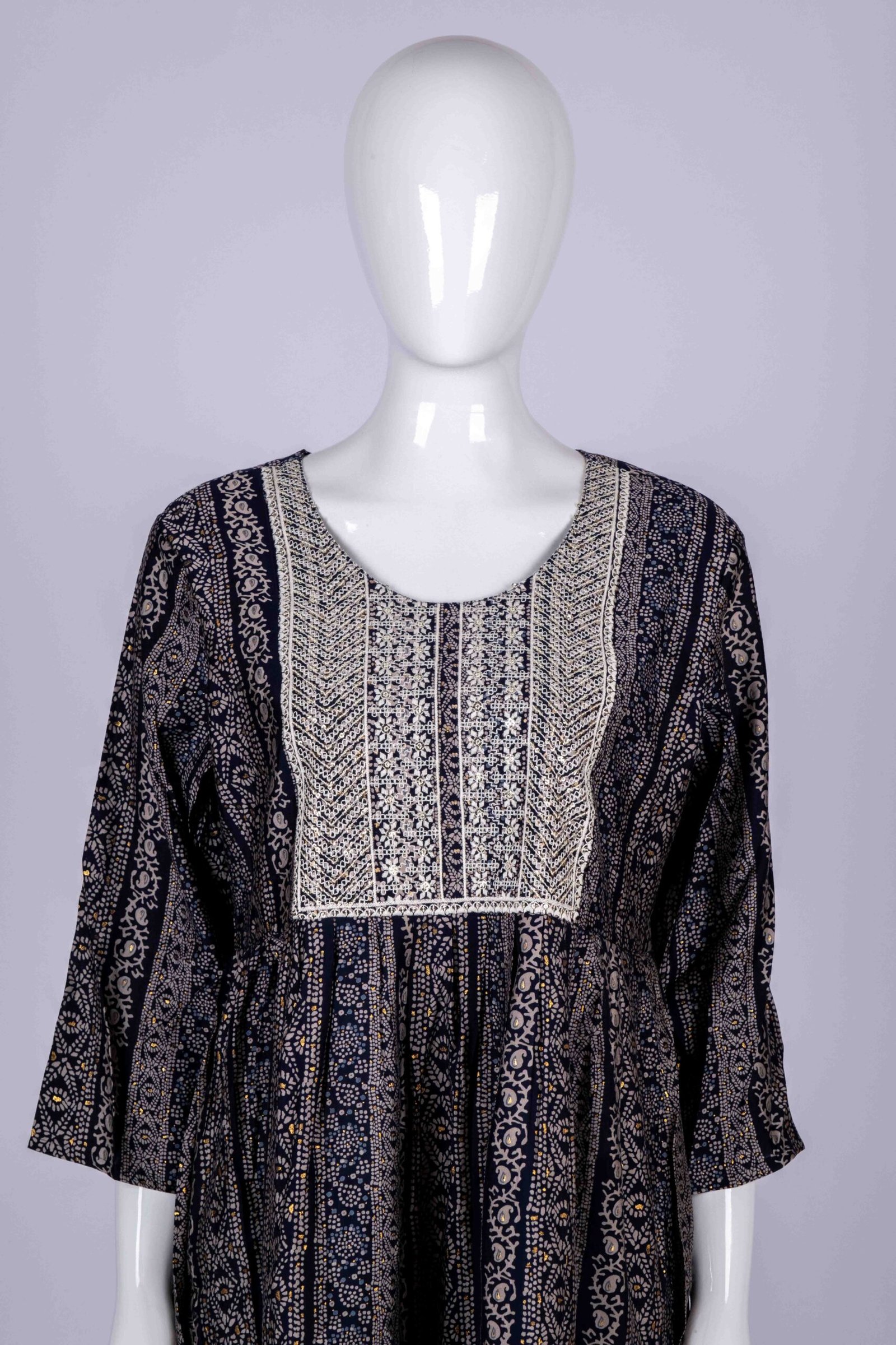 Women's Navy Blue printed kurta top with white floral embroidery