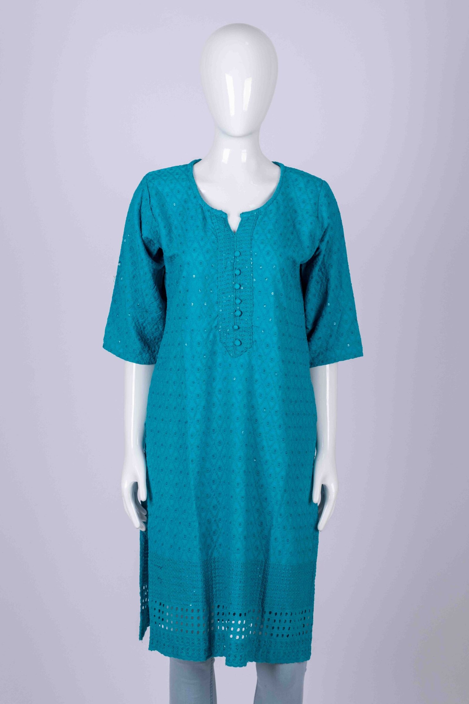 Women's Teal solid classic chikankari and chamki embroidered kurta top