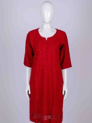 Women's Red solid classic chikankari and chamki embroidered kurta top