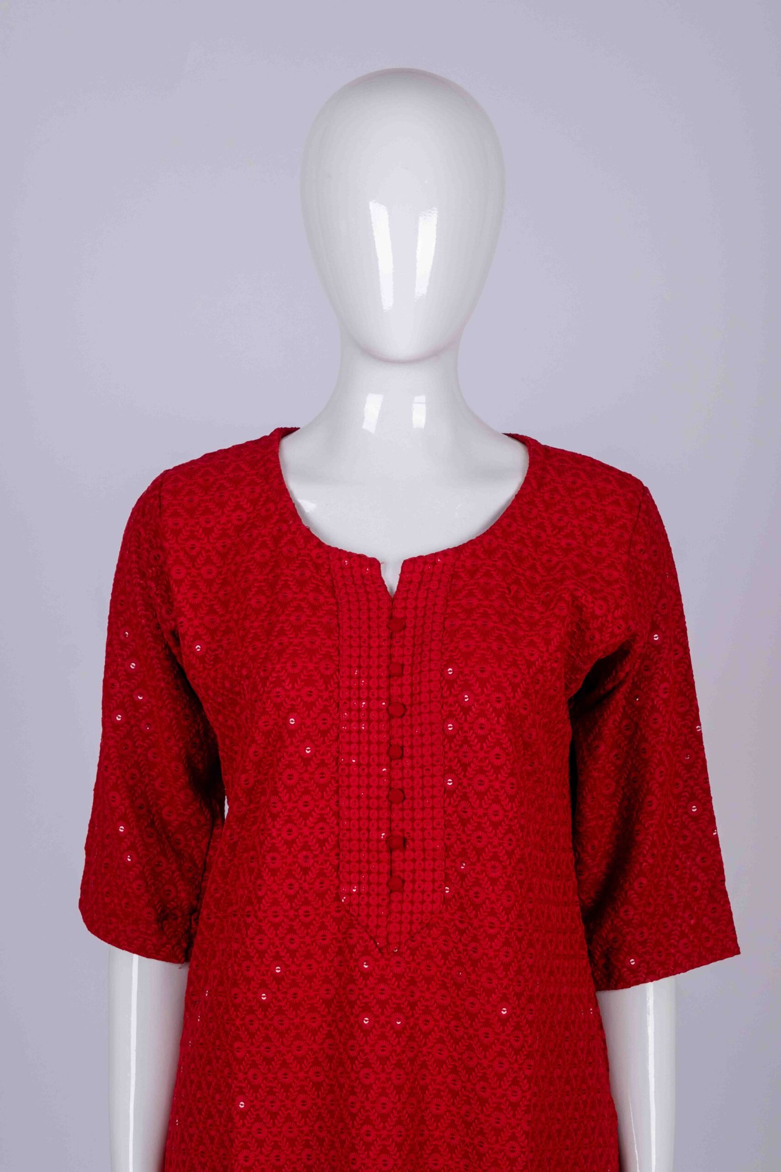 Women's Red solid classic chikankari and chamki embroidered kurta top